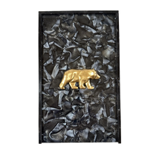 Load image into Gallery viewer, Decorative panel with a gold bear emblem on a textured black background