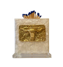 Load image into Gallery viewer, Matches in a decorative holder with gold accents on a white background