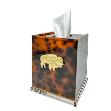 Load image into Gallery viewer, Tortoiseshell-patterned tissue box with gold buffalo emblem on a white background