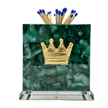 Load image into Gallery viewer, Matchbox holder with gold crown design on a green marble base