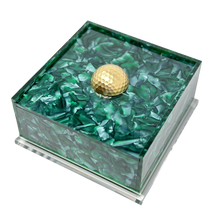 Load image into Gallery viewer, Decorative box with green marbled pattern and gold ball on a white background