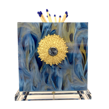 Load image into Gallery viewer, Decorative item with a gold circular design and blue marbled background