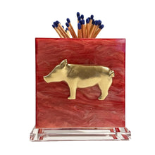Load image into Gallery viewer, Matchbox holder with gold pig design on a red background