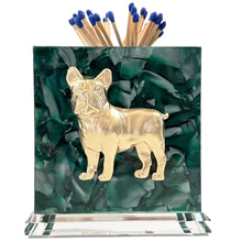 Load image into Gallery viewer, Match striker with gold bulldog design on a green marble base