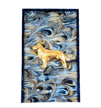 Load image into Gallery viewer, Decorative plaque with a golden retriever design on a swirling blue and gold background