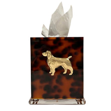 Load image into Gallery viewer, Tortoiseshell tissue holder with a gold dog design on a white background