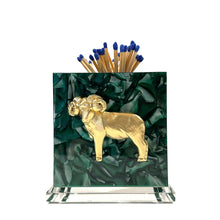 Load image into Gallery viewer, Matchbox holder with gold ram design on a green marble base