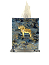 Load image into Gallery viewer, Tissue box cover with gold ram design on a blue and silver abstract background