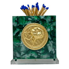 Load image into Gallery viewer, Matchbox holder with green marble design and gold emblem on a white background