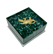 Load image into Gallery viewer, Green marbled jewelry box with a gold alligator charm on a white background