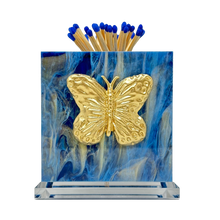 Load image into Gallery viewer, Matchbox holder with gold butterfly design on a blue and white background