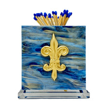 Load image into Gallery viewer, Matches with a decorative holder featuring a gold fleur-de-lis design on a blue and white background.