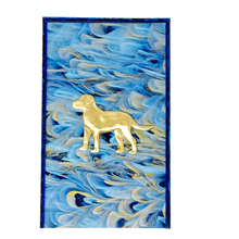 Load image into Gallery viewer, Towel with a gold dog design on a blue and white abstract background