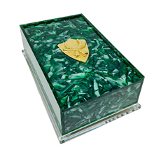 Load image into Gallery viewer, Green marbled jewelry box with a gold emblem on a white background