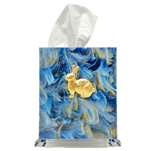 Load image into Gallery viewer, Tissue box cover with gold rabbit design on blue and white marbled background