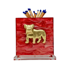 Load image into Gallery viewer, Matchbox holder with gold bulldog design and red marbled background