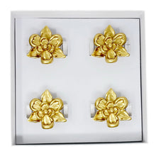 Load image into Gallery viewer, Gold floral napkin rings in a white box on a white background