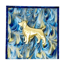 Load image into Gallery viewer, Gold dog figurine on a blue and white marbled background