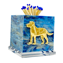 Load image into Gallery viewer, Matchbox holder with a gold dog design on a blue marble background