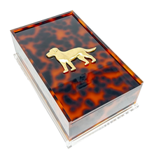 Load image into Gallery viewer, Tortoiseshell-patterned box with a gold dog emblem on a white background