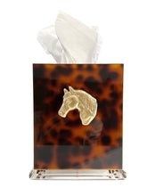 Load image into Gallery viewer, Tissue box cover with tortoiseshell pattern and gold horse head emblem on a white background
