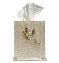 Load image into Gallery viewer, Decorative tissue box cover with a gold dove design on a marble-patterned background