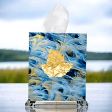 Load image into Gallery viewer, southern-tribute-blue-fine-boutique-tissue-box-cover-with-mottehedah-tobacco-leaf-gold-icon-fine-tabletop-decor-marsh-sunrise-grandmillennial-gift
