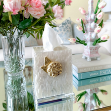 Load image into Gallery viewer, luxury fine acrylic pearl tissue box holder with gold hydrangea for grandmillennial home