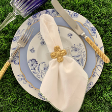 Load image into Gallery viewer, Set of blue and white ceramic plates with gold accents on a grassy background
