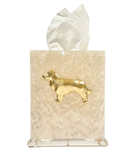 Load image into Gallery viewer, Tissue box cover with gold dog design on a white background
