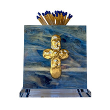 Load image into Gallery viewer, Blue marbled holder with a gold cross and matches on a white background

