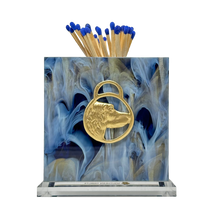 Load image into Gallery viewer, Matches with blue tips in a decorative holder featuring a gold dog design on a white background
