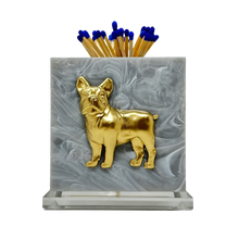 Load image into Gallery viewer, Matchbox holder with gold dog design and blue matches on a white background
