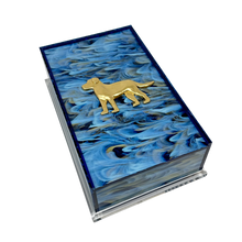 Load image into Gallery viewer, Decorative box with a blue abstract design and gold dog illustration on a white background
