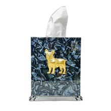 Load image into Gallery viewer, Tissue box cover with a gold dog design on a blue and black abstract background
