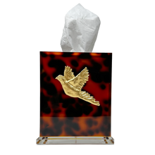Load image into Gallery viewer, Tissue box cover with a gold dove design on a tortoiseshell pattern
