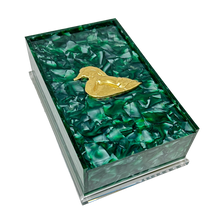 Load image into Gallery viewer, Decorative box with green marbled pattern and gold bird emblem on a white background
