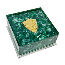 Load image into Gallery viewer, Green decorative box with a gold leaf on a white background
