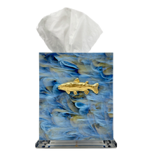 Load image into Gallery viewer, Tissue box cover with a gold fish design on a blue abstract background
