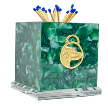 Load image into Gallery viewer, Green marble matchbox with gold lock design and blue matches on a white background
