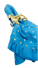 Load image into Gallery viewer, Blue fabric with gold polka dots and a gold clip on a white background
