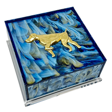 Load image into Gallery viewer, Decorative box with a gold dog figure on a blue and white abstract background
