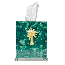 Load image into Gallery viewer, Tissue box cover with green leaf pattern and gold palm tree design on a white background

