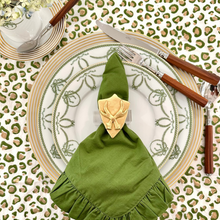 Load image into Gallery viewer, Green napkin with a gold napkin ring on a white plate with cutlery on a leopard print tablecloth.
