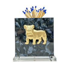 Load image into Gallery viewer, Matchbox holder with gold bulldog design and blue matches on a white background
