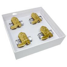 Load image into Gallery viewer, Gold cowboy boot napkin rings in a white box on a white background
