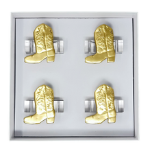 Load image into Gallery viewer, Gold cowboy boot napkin rings in a box on a white background
