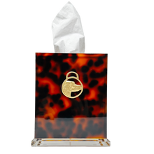 Load image into Gallery viewer, Tortoiseshell patterned tissue box with a gold emblem on a white background
