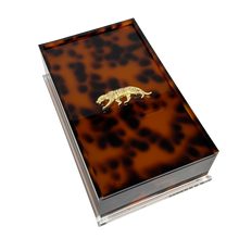 Load image into Gallery viewer, Tortoiseshell-patterned box with a gold panther emblem on a white background
