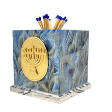 Load image into Gallery viewer, Marble-patterned candle holder with Menorah design on a white background
